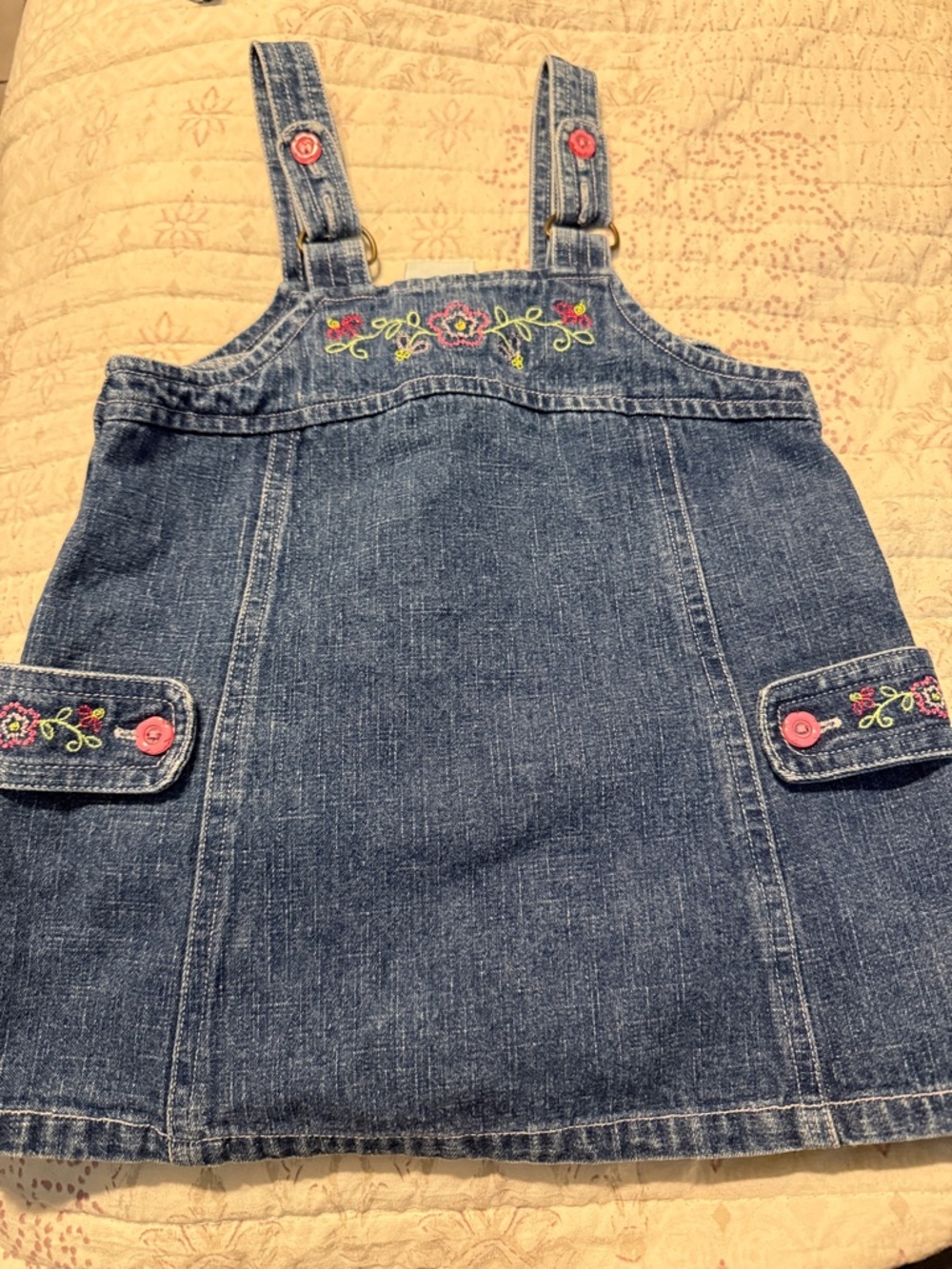 Denim Floral Embroidered Pinafore Dress - Blue